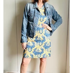 Vintage 90s Toile Print summer Dress Sheath Blue Yellow Size Medium Knee Demure